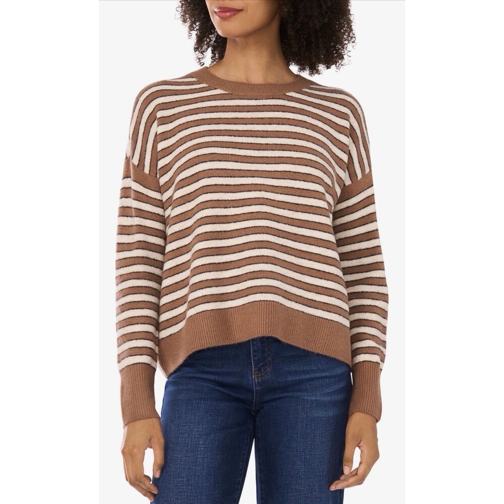 Halogen Brown Cream Striped Sweater Medium Cropped Knit Crewneck Cozy